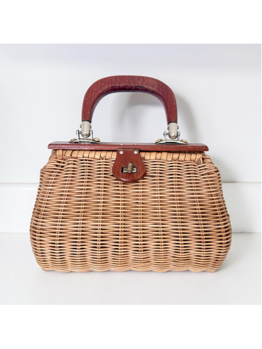 Vintage 1950s Wicker Basket Purse Wood Frame Handle Mid Century Handbag
